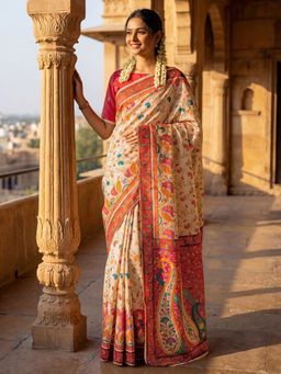 SATRANI - Beige Floral Printed Banglori Silk Ready To Wear Saree with Unstitched Blouse