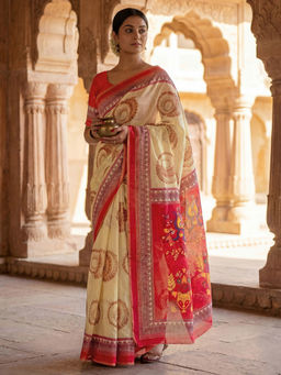 SATRANI - Cream Printed Linen Ready To Wear Saree with Unstitched Blouse