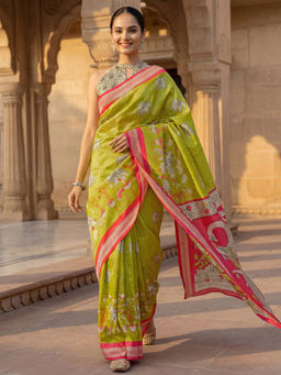 SATRANI - Lime Green Printed Banglori Silk Ready To Wear Saree with Unstitched Blouse