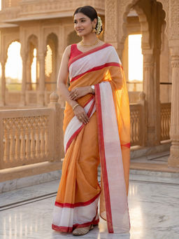 SATRANI - Light Mustard Checks Zari Border Linen Ready To Wear Saree with Unstitched Blouse