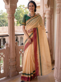 SATRANI - Light Peach Checks Linen Ready To Wear Saree with Unstitched Blouse