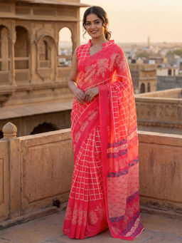 SATRANI - Coral Pink Checks Printed Linen Ready To Wear Saree with Unstitched Blouse
