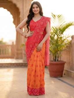 SATRANI - Orange Bandhani Printed Linen Ready To Wear Saree with Unstitched Blouse