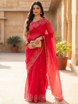 SATRANI - Red Floral Printed Linen Ready To Wear Saree with Unstitched Blouse