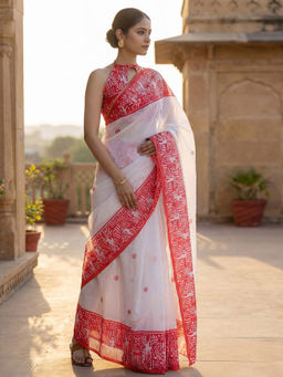SATRANI - White Printed Linen Ready To Wear Saree with Unstitched Blouse