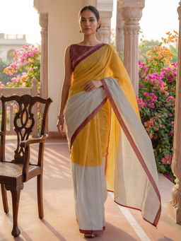 SATRANI - Yellow and Off-White Zari Border Linen Ready To Wear Saree with Unstitched Blouse