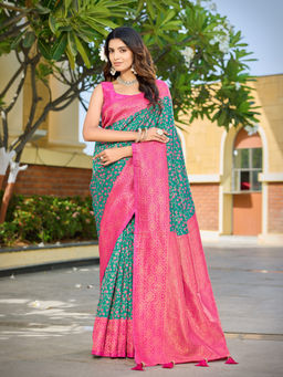 Manohari - Green Banarasi Satin Silk Women Floral Zari Woven Saree with Unstitched Blouse