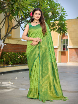 Manohari - Green Banarasi Satin Silk Women Floral Woven Saree with Unstitched Blouse