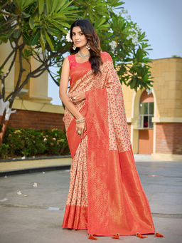 Manohari - Off White Banarasi Satin Silk Women Floral Zari Woven Saree with Unstitched Blouse