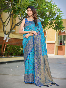 Manohari - Blue Banarasi Satin Silk Women Floral Zari Woven Saree with Unstitched Blouse