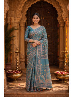 AMRUTKALA SAREES - Blue Designer Linen Printed Saree with Unstitched Blouse