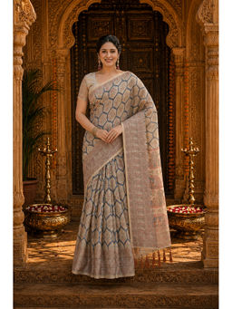 AMRUTKALA SAREES - Beige Designer Linen Printed Saree with Unstitched Blouse