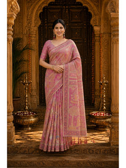 AMRUTKALA SAREES - Pink Designer Linen Floral Printed Saree with Unstitched Blouse