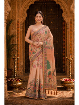 AMRUTKALA SAREES - Beige Designer Linen Floral Printed Saree with Unstitched Blouse
