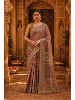 AMRUTKALA SAREES - Brown Designer Linen Floral Printed Saree with Unstitched Blouse