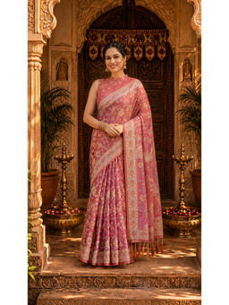 AMRUTKALA SAREES - Pink Designer Linen Floral Printed Saree with Unstitched Blouse