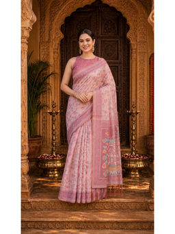 AMRUTKALA SAREES - Pink Designer Linen Floral Printed Saree with Unstitched Blouse