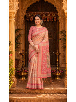 AMRUTKALA SAREES - Peach Designer Linen Floral Printed Saree with Unstitched Blouse