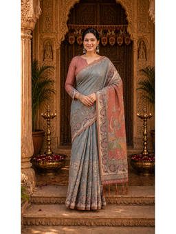 AMRUTKALA SAREES - Grey Designer Linen Printed Saree with Unstitched Blouse
