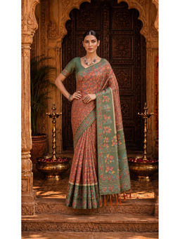 AMRUTKALA SAREES - Red Designer Linen Printed Saree with Unstitched Blouse