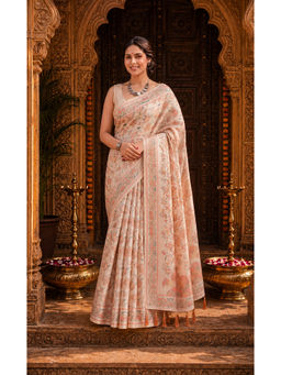 AMRUTKALA SAREES - Ivory Designer Linen Floral Printed Saree with Unstitched Blouse