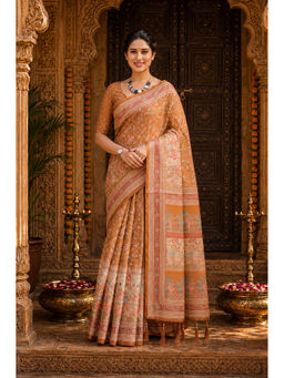 AMRUTKALA SAREES - Brown Designer Linen Floral Printed Saree with Unstitched Blouse