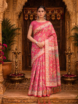 AMRUTKALA SAREES - Pink Designer Linen Floral Printed Saree with Unstitched Blouse