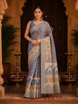 AMRUTKALA SAREES - Grey Designer Linen Floral Printed Saree with Unstitched Blouse