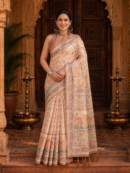 AMRUTKALA SAREES - Beige Designer Linen Floral Printed Saree with Unstitched Blouse