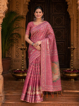 AMRUTKALA SAREES - Pink Designer Linen Floral Printed Saree with Unstitched Blouse