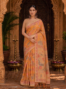AMRUTKALA SAREES - Orange Designer Linen Floral Printed Saree with Unstitched Blouse