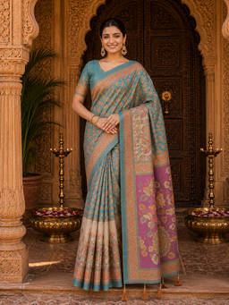 AMRUTKALA SAREES - Teal Designer Linen Floral Printed Saree with Unstitched Blouse