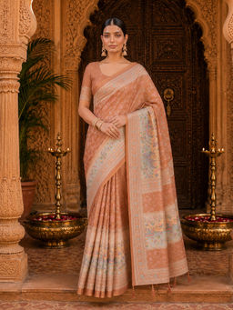 AMRUTKALA SAREES - Orange Designer Linen Floral Printed Saree with Unstitched Blouse