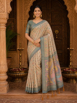 AMRUTKALA SAREES - Beige Designer Linen Floral Printed Saree with Unstitched Blouse