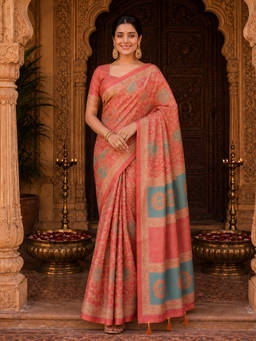 AMRUTKALA SAREES - Pink Designer Linen Printed Saree with Unstitched Blouse