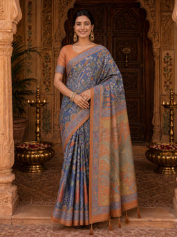 AMRUTKALA SAREES - Navy Blue Designer Linen Floral Printed Saree with Unstitched Blouse