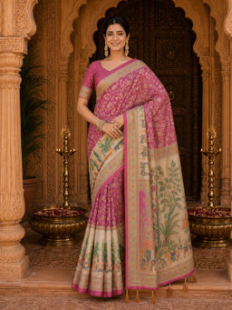 AMRUTKALA SAREES - Pink Designer Linen Floral Printed Saree with Unstitched Blouse