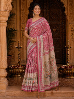 AMRUTKALA SAREES - Pink Designer Linen Floral Printed Saree with Unstitched Blouse