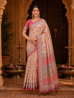 AMRUTKALA SAREES - Beige Designer Linen Floral Printed Saree with Unstitched Blouse