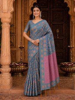 AMRUTKALA SAREES - Blue Designer Linen Floral Printed Saree with Unstitched Blouse