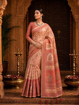 AMRUTKALA SAREES - Beige Designer Linen Floral Printed Saree with Unstitched Blouse