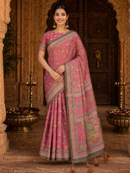 AMRUTKALA SAREES - Pink Designer Linen Floral Printed Saree with Unstitched Blouse