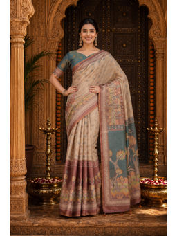 AMRUTKALA SAREES - Beige Designer Linen Floral Printed Saree with Unstitched Blouse