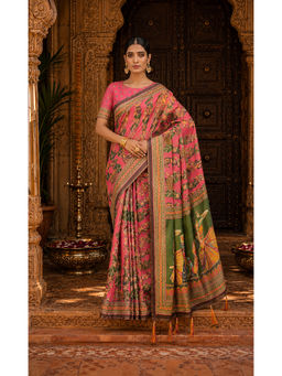 AMRUTKALA SAREES - Pink Designer Linen Printed Saree with Unstitched Blouse