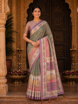AMRUTKALA SAREES - Olive Designer Linen Floral Printed Saree with Unstitched Blouse