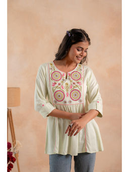 Juniper - Pistagreen Printed Yoke Flared Ethnic Tunic