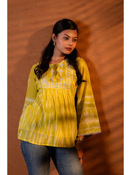 Juniper - Lime Yellow Tie-Dye Printed Yoke Tunic