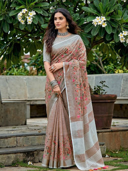 Sutriti - Brown Women Premium Linen Saree with Unstitched Blouse