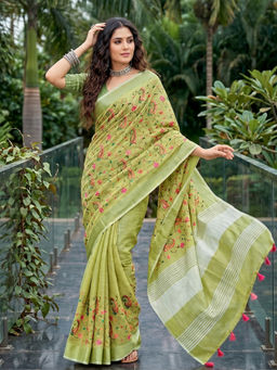 Sutriti - Green Women Premium Linen Saree with Unstitched Blouse