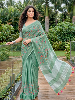 Sutriti - Green Women Premium Linen Saree with Unstitched Blouse